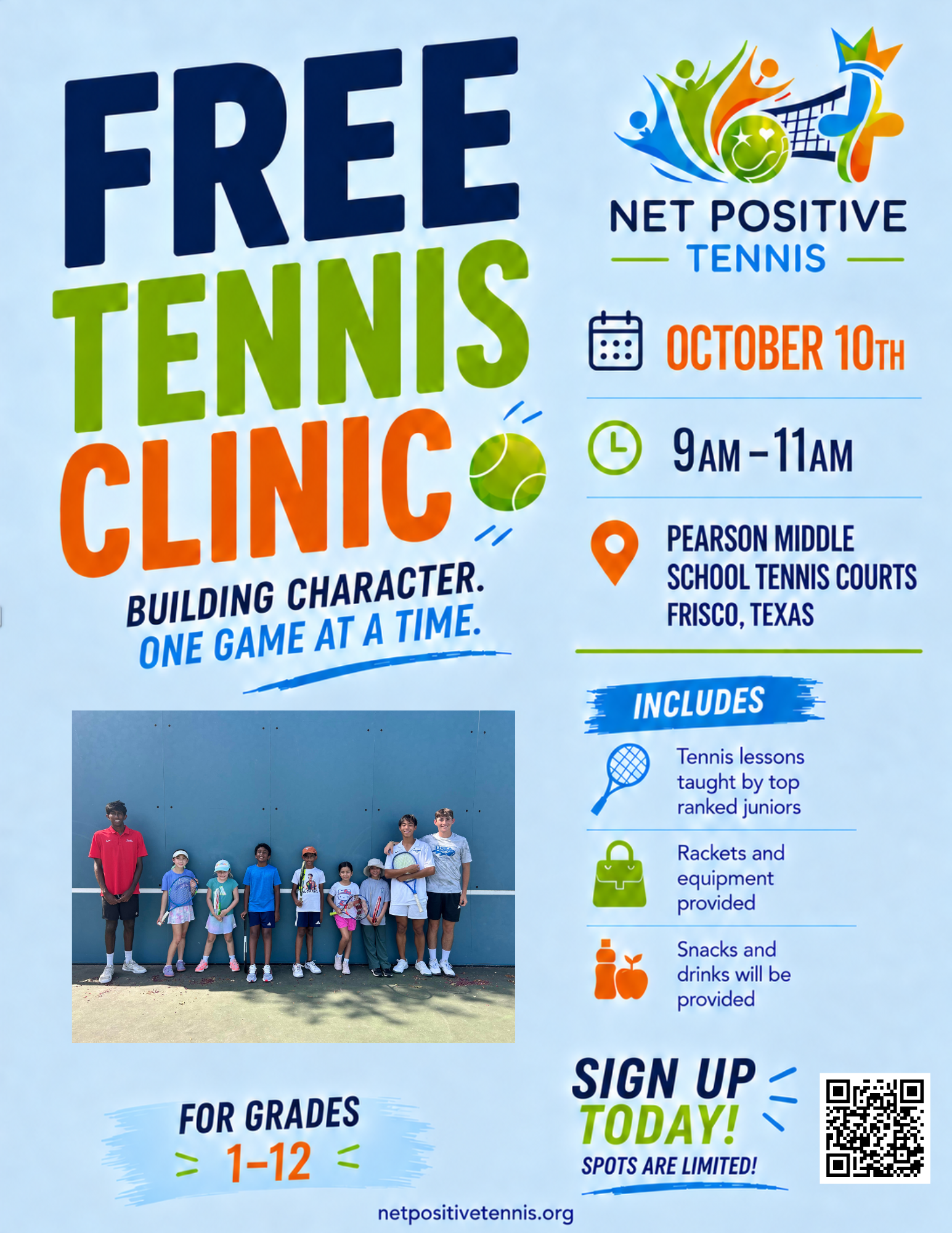 Net Positive Tennis August 15 clinic flyer